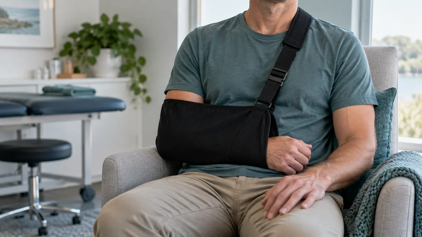 Adult resting with the arm supported in a shoulder sling