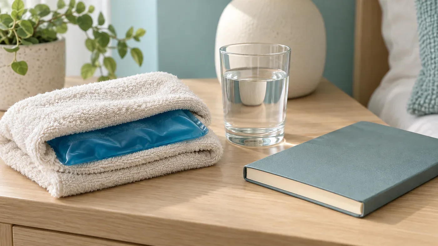 Wrapped cold pack and water glass on a bedside table