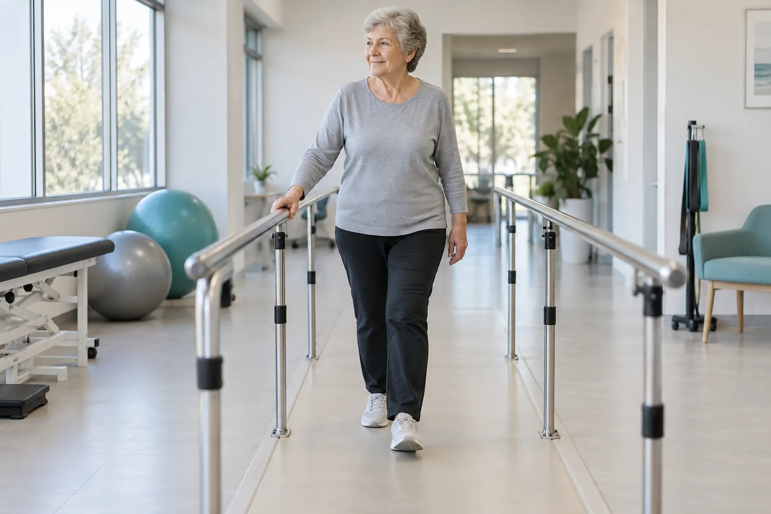 An adult walking along a rehabilitation walkway